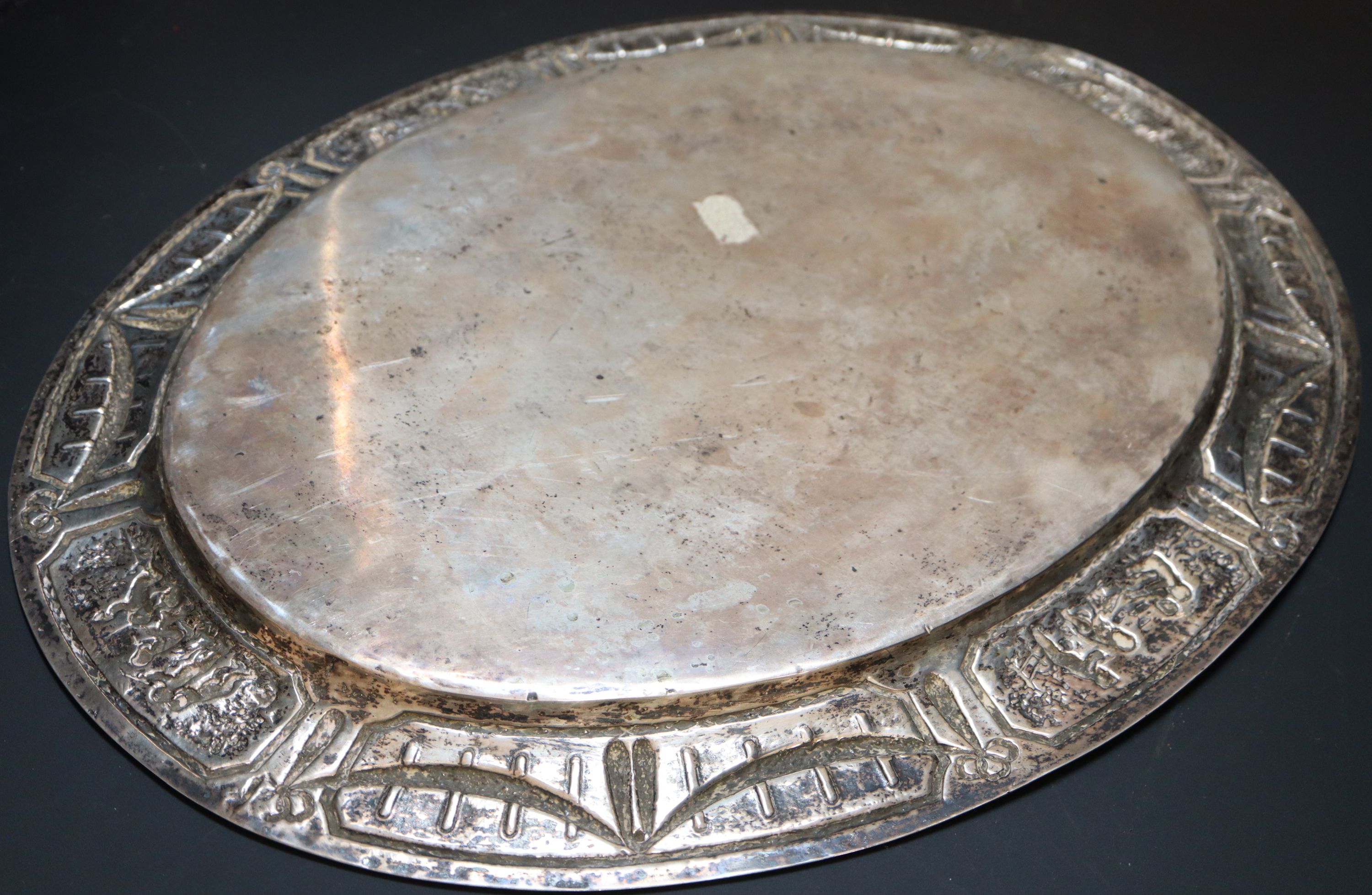 An early 20th century German 800 standard white metal oval serving platter, 52.5cm, 56oz.